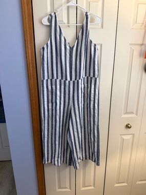 beachlunchlounge Blue and White Striped Linen Jumpsuit